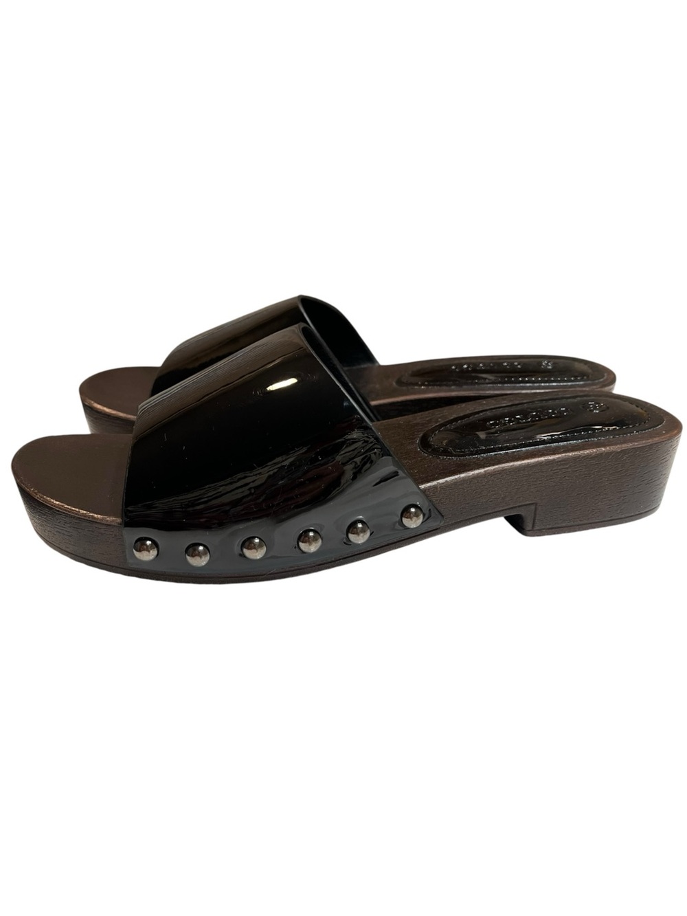 NWOT Black Patent Faux Leather Slide Sandals w/ Metal Studs - Size 8